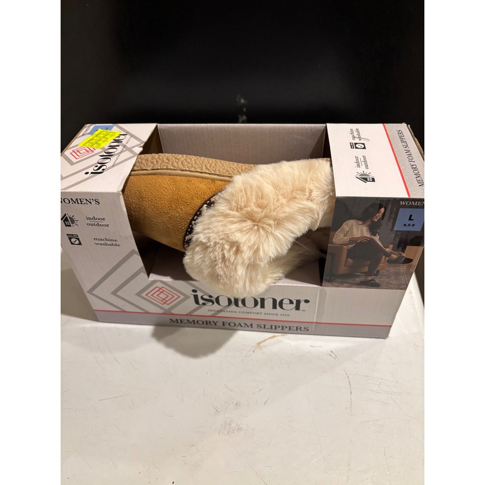 Isotoner‎ Womens Memory Foam Slippers Tan Faux Trim Indoor Outdoor Size L 8.5-9